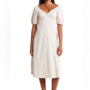 Madewell Seersucker Puff Sleeve Button Front Midi Dress Cream White 00